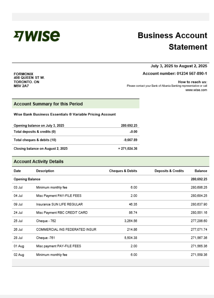Modèle Word et PDF de relevé de compte courant d'entreprise Wise